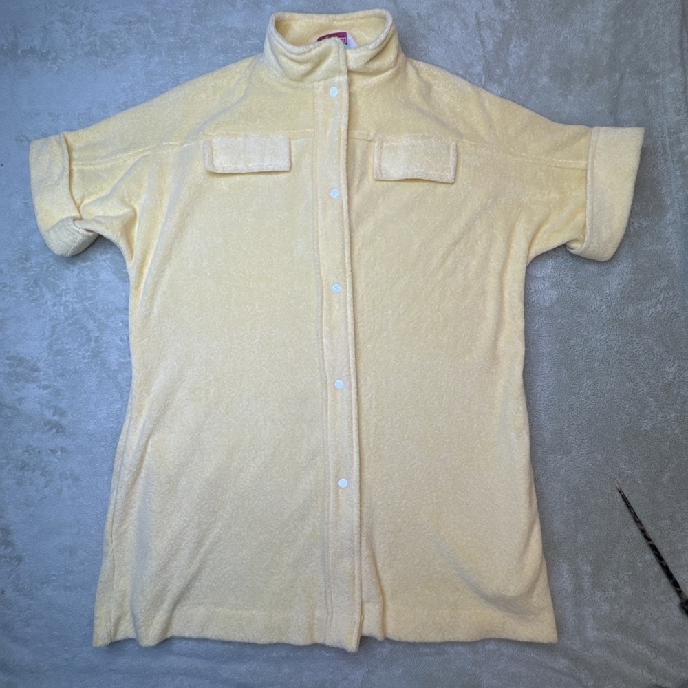 Evelyn Pearson Yellow White snap beach cover up pool robe Terry‎ short S vintage